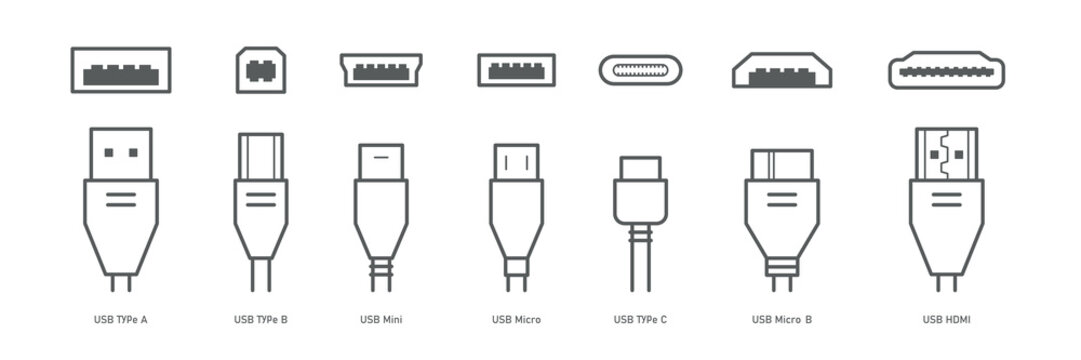 Cable connectors and plugs line icons set . USB, HDMI, ethernet icon set. Mini, micro, lightning, type A, B, C connectors. Vector illustration white  background