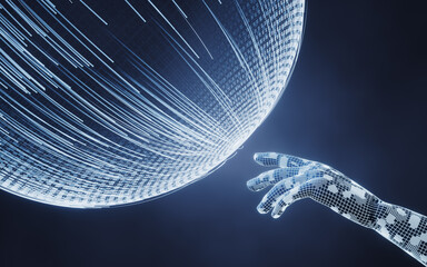 Digital sphere and digital hand with glowing lines structure, 3d rendering.