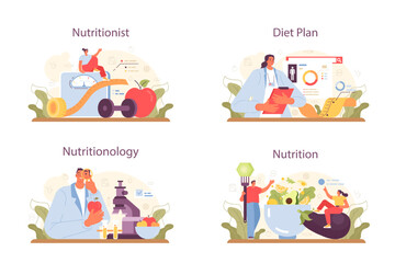 Nutritionist concept set. Nutrition therapy with healthy food and physical