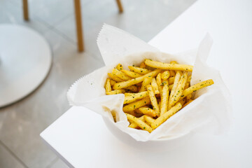detail shot of French Fries on table 