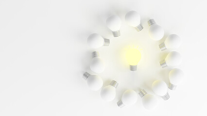 Light bulbs with glowing one different idea. Creativity and innovation ideas concept. Leadership, innovation, great idea and individuality concepts. 3d rendering