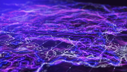 Top view glow pink purple blue digital landscape. 3D Rendering.