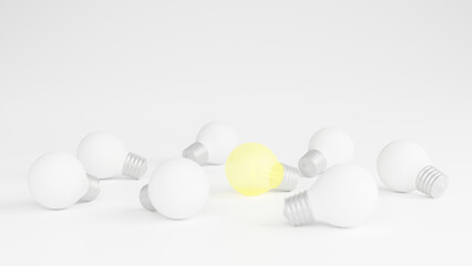 Light bulbs with glowing one different idea. Creativity and innovation ideas concept. Leadership, innovation, great idea and individuality concepts. 3d rendering