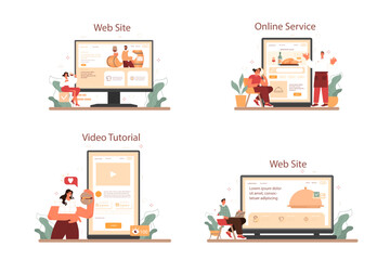 Food critic online service or platform set. Professional blogger