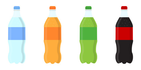 Set Sweet water plastic bottle soda, lemon, orange and water. Drinks in bottles. Plastic beverage bottles icon set. Flat vector icon - obrazy, fototapety, plakaty
