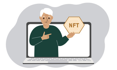 NFT concept. A laptop in which a old man with the image of NFT in the palm of his hand. Auction of non-fungible tokens, markets, online education.