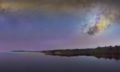 Illustration of a lake and natural surroundings, reflection on water