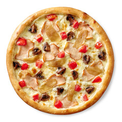 Pizza with smoked chicken, fried mushrooms, caramelized onions, tomatoes and cheese isolated on white