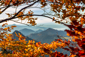 Pieniny Mountains in the frame of autumnal leaves. Poland