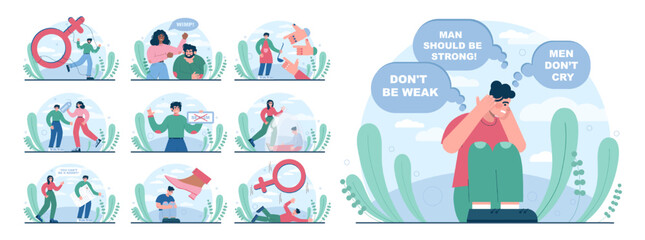 Gender inequality concept set. Bias and sexism in workplace or social