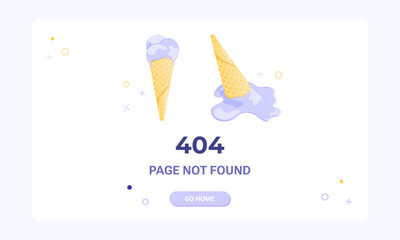 404 error web page. Page not found banner template.   Flat illustration of ice cream melting and spilling from the waffle cone for design template of fail and error