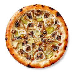 Mushroom pizza with onion, pickled cucumbers, parmesan and edge filled with cream cheese