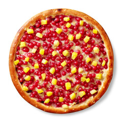 Sweet pizza with condensed milk, mozzarella, red currant berries, pineapple isolated on white