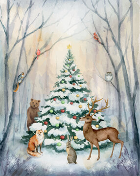 A watercolor vector card with forest animals, birds, Christmas tree and a winter forest.