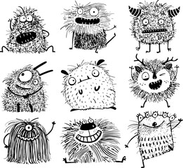 Adorable little monsters creatures collection for children, naughty playful monsters design clipart set. Hand drawn black and white outline haired creatures for kids vector illustration. © Popmarleo
