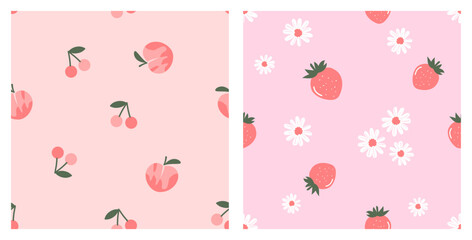 Seamless pattern with peach fruit, cherries, strawberries and daisy flower on pink backgrounds vector illustration. Cute fruit print.