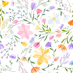 Fototapeta na wymiar Vector floral seamless pattern. Set of leaves, wildflowers, twigs, floral arrangements. Beautiful compositions of field grass and bright spring flowers on white background.