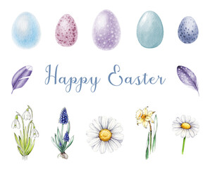 Eggs and flowers Easter set. Watercolor illustration. Hand drawn tender colored egg and spring flowers elements. Happy Easter congratulation sign. White background