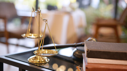 Lawyer or judge's hammer in the court. Auction's hammer is on woo table. Law subject or auction...