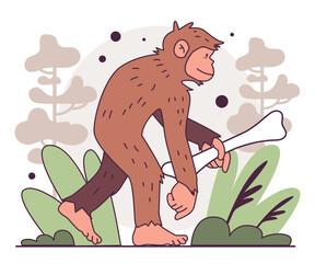 Hominidae. Humanity ancestor hunting with primitive tools. Human evolution