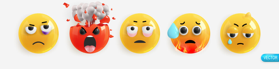 Emotion Realistic 3d Render. Set Icon Smile Emoji. Emotions face bruise under the eye, anger explosion of the head, tired, sweating hot, bump on the head. Vector yellow glossy emoticons. Pack 21