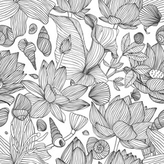 Seamless linear vector pattern of assorted flowers and shells