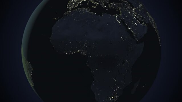 Seamless looping animation of the earth at night zooming in to the 3d map of Ethiopia with the capital and the biggest cites in 4K resolution