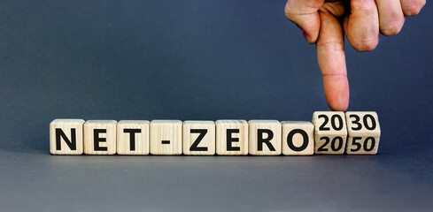 Net-zero 2030 symbol. Concept words Net-zero 2030 or Net-zero 2050 on wooden cubes. Businessman...