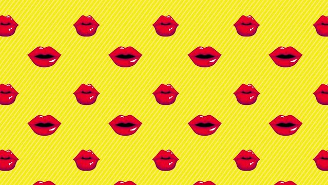 Cartoon animation of lips on a pattern wallpaper
