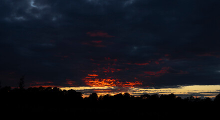 Abstract dramatic twilight skyline golden sky landscape, beautiful sunset sky in the evening with silhouette of the tree in autumn season. Horizon scene view, landscape image