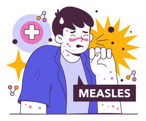 Sick boy covered in red spots on body struggle with measles. - obrazy, fototapety, plakaty