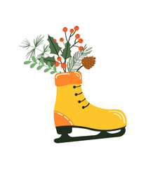 Christmas Skates with Fir, Berries and Holly. Cute vector Illustration
