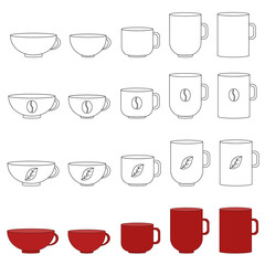 set of mugs for tea, coffee black line and color