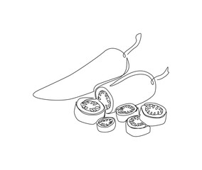 Continuous line art drawing of chili pepper. Hot spice chilli single line art drawing vector illustration.