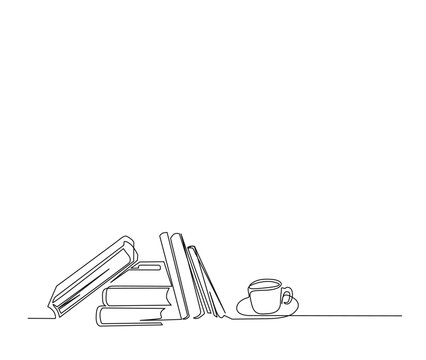 recommend clip art: Continuous line art drawing of books and a cup of cofee. A cup of coffe over the books single line art drawing vector illustration.