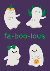 Happy halloween party greeting card with cute ghost. Holidays cartoon character. Cute spooky ghosts. Spooky ghosts in a halloween hat and costume