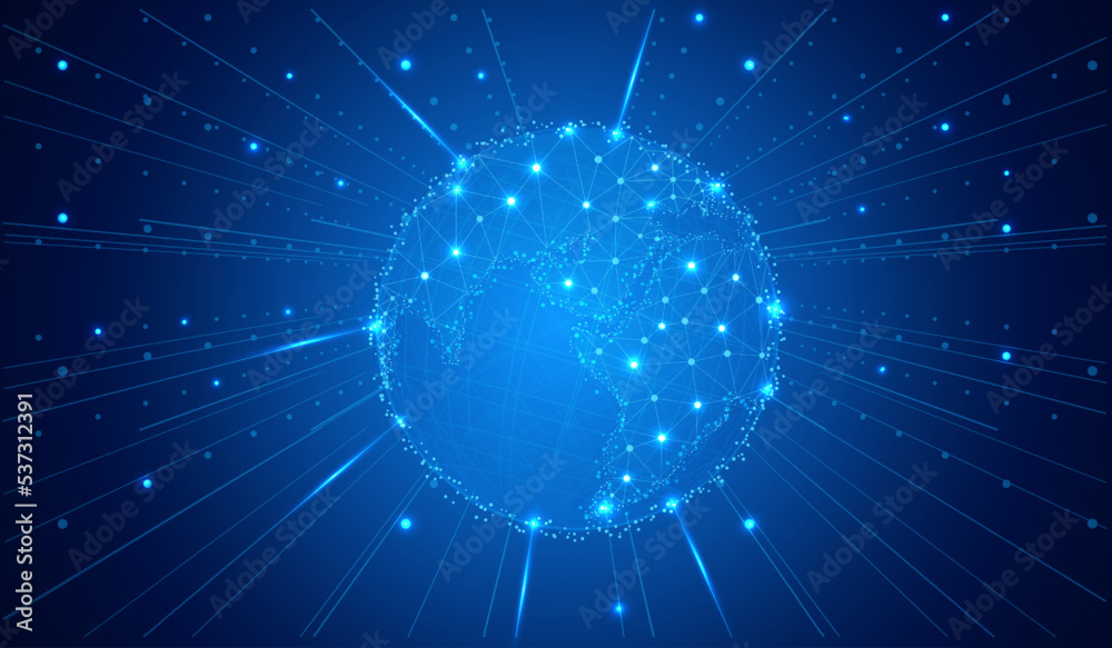Poster Abstract low poly digital glove network communication concept. Wireframe vector earth with futuristic beam in cyber space background.