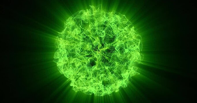 Abstract animation motion design with an unusual beautiful bright glowing explosion of a star of a green ball of a sphere of small particles with rays in space background in high resolution 4k