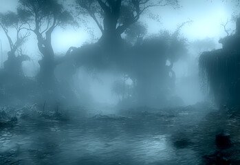 fantasy swamp wetland landscape, fog, mist trees and water. background, digital matte painting