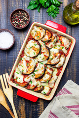 Baked eggplant with cheese mozzarella and tomatoes. Healthy eating. Italian food. Parmigiana di melanzane.