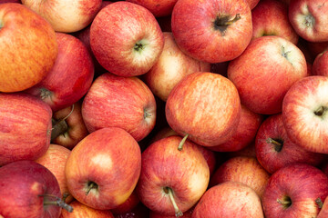Background with fresh red apples. Top view, flat lay