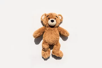 Foto op Canvas Soft toy bear lies on a white background. Top view, flat lay © Alex
