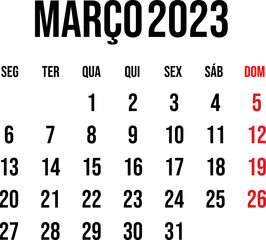 March 2023 calendar vector in flat and clean style, week start on monday