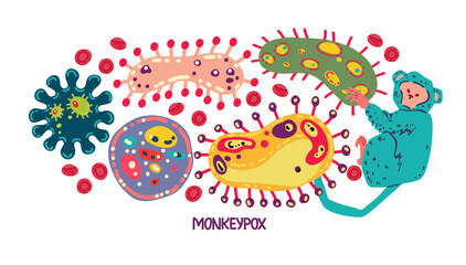 Monkey pox. Vector illustration epidemic virus. Infectious disease. Microbes close up. Sticker, logo design, t-shirt print, patch
