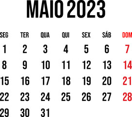 May 2023 calendar vector in simple clean style, week start on monday