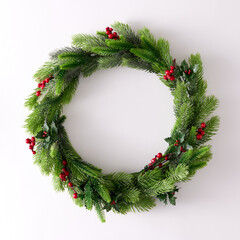 Fototapeta na wymiar Creative layout made of fir branches with Christmas decorations. Nature background. Minimal New Year season concept. Flat lay wreath.