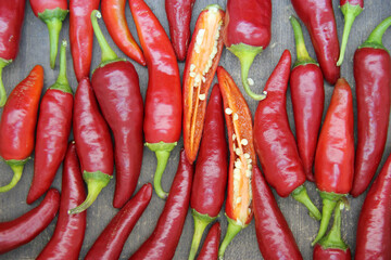 Red Spicy Chili Pepper on wooden background.