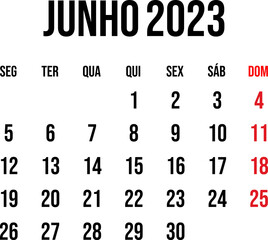 June 2023 calendar vector in simple clean style, week start on monday