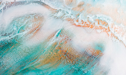 Artistic texture painted with liquid acrylic paints. Fluid art for background, wallpapper or poster. Backdrop similar to the landscape of the ocean. Sea artwork with turquoise waves and white foam. - 537318789