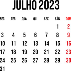 July 2023 calendar vector in flat and clean style, week start on monday